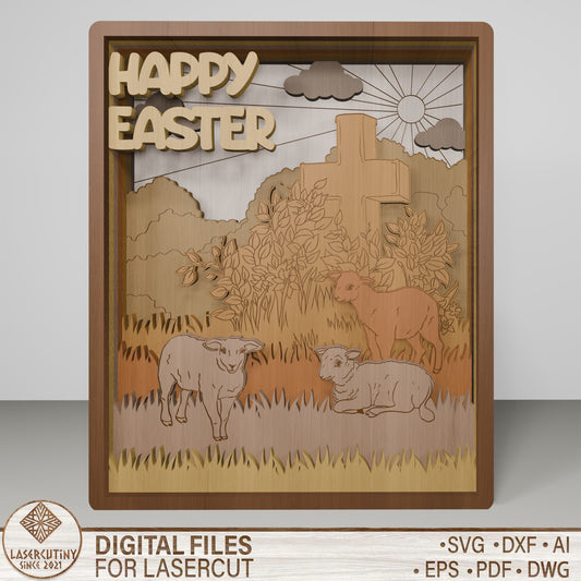 Happy Easter Multilayer Cross Landscape Tabletop SVG for LightBurn and xTool