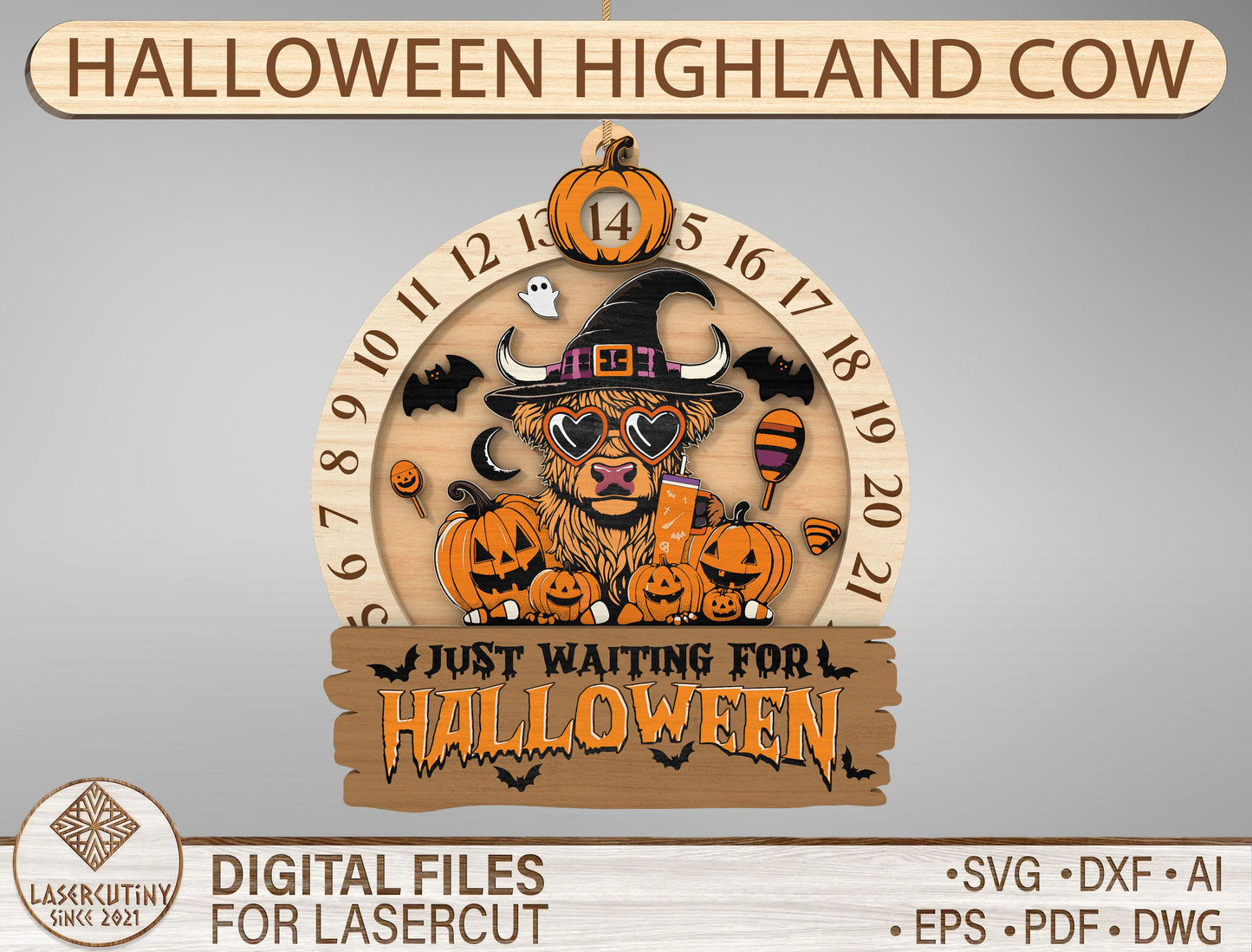 Halloween Highland Cow Countdown Calendar SVG for Glowforge xTool