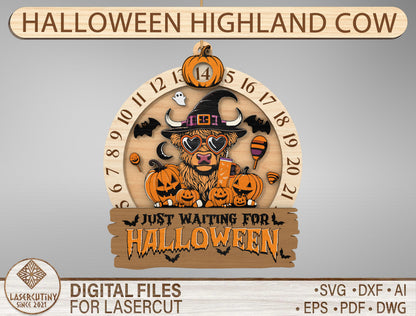 Halloween Highland Cow Countdown Calendar SVG for Glowforge xTool