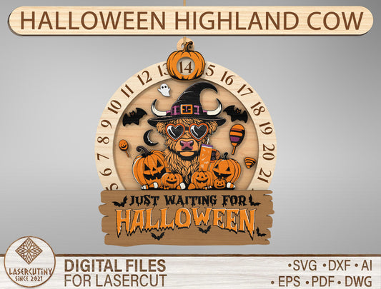 Halloween Highland Cow Countdown Calendar SVG for Glowforge xTool