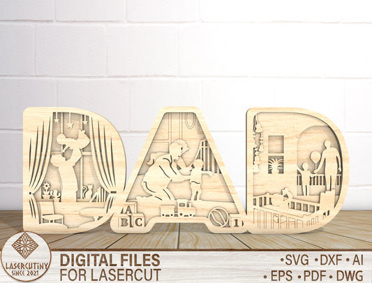 Dad Family Moments Multilayer Laser Cut File | Father & Kids Scene Decor | Layered Wooden Shadow Box | Glowforge, xTool, LightBurn, etc.