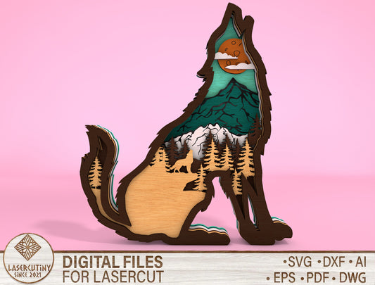 Multilayer Wolf Forest SVG Laser Cut File for Glowforge and xTool