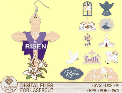 Christian Easter Earring SVG He Is Risen Cross 12 Designs for Glowforge