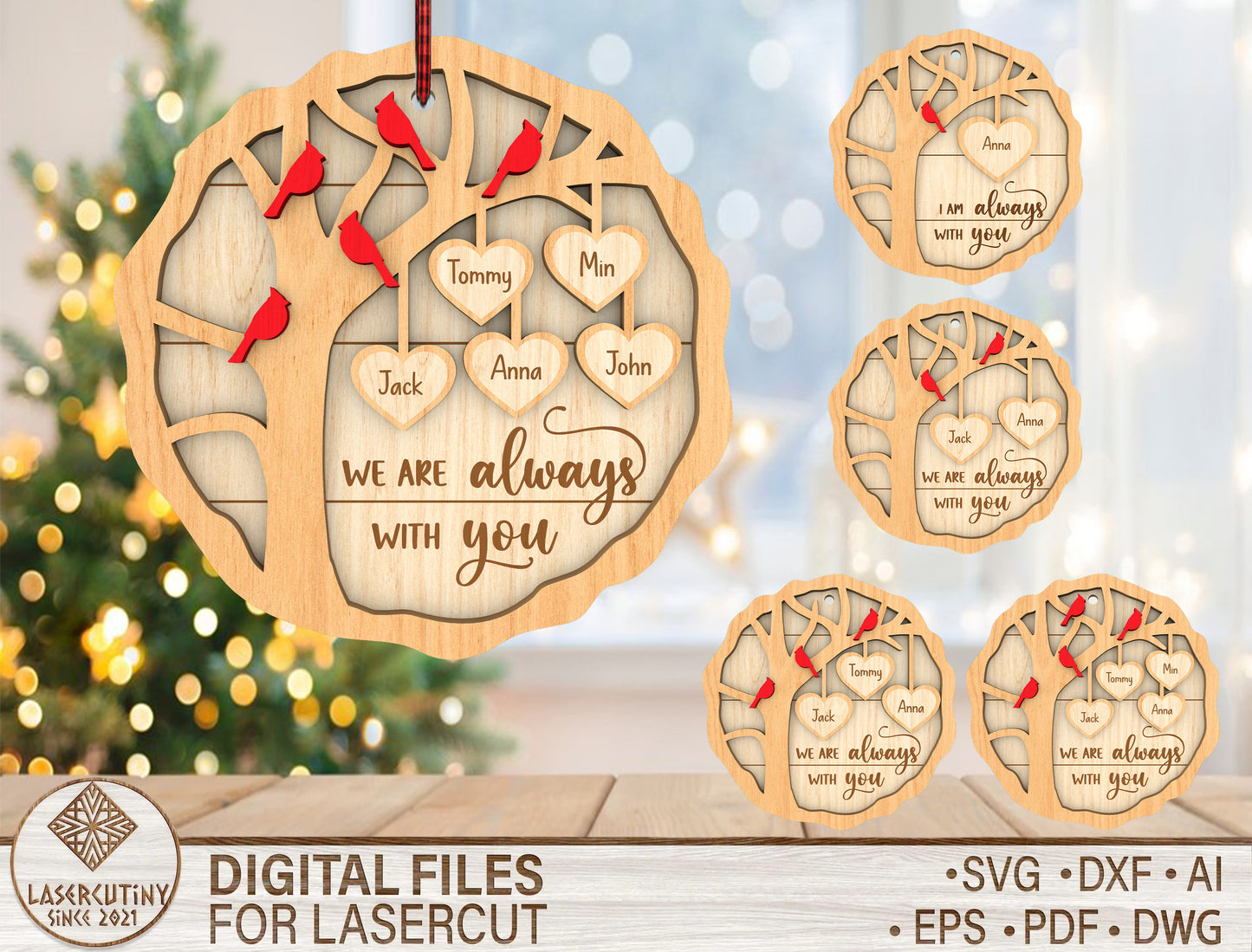 Cardinal Memorial Ornament SVG Bundle Family Tree Decor Laser Cut File for Glowforge