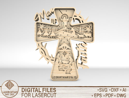 Christian Cross Laser Cut File – Multilayer Faith Wooden Decor – “He Died For Our Sins” Scripture Design
