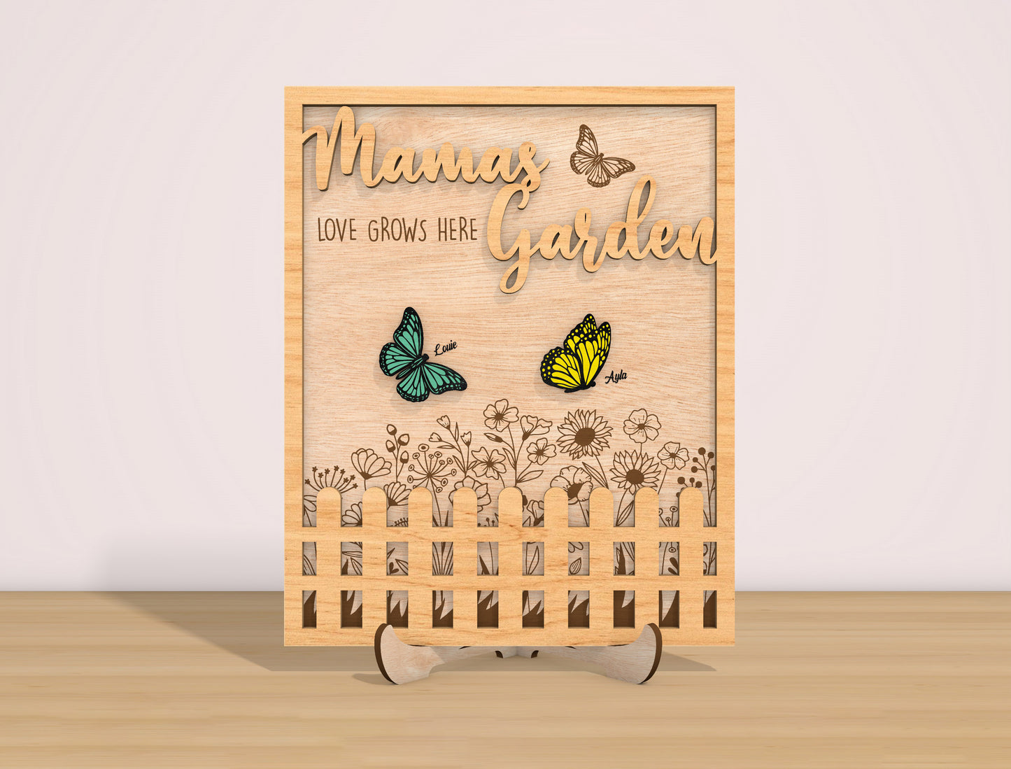Mama’s Garden Butterfly Sign Laser Cut File | Mother’s Day Decor | Floral Wooden Style | Glowforge, xTool, LightBurn, etc.