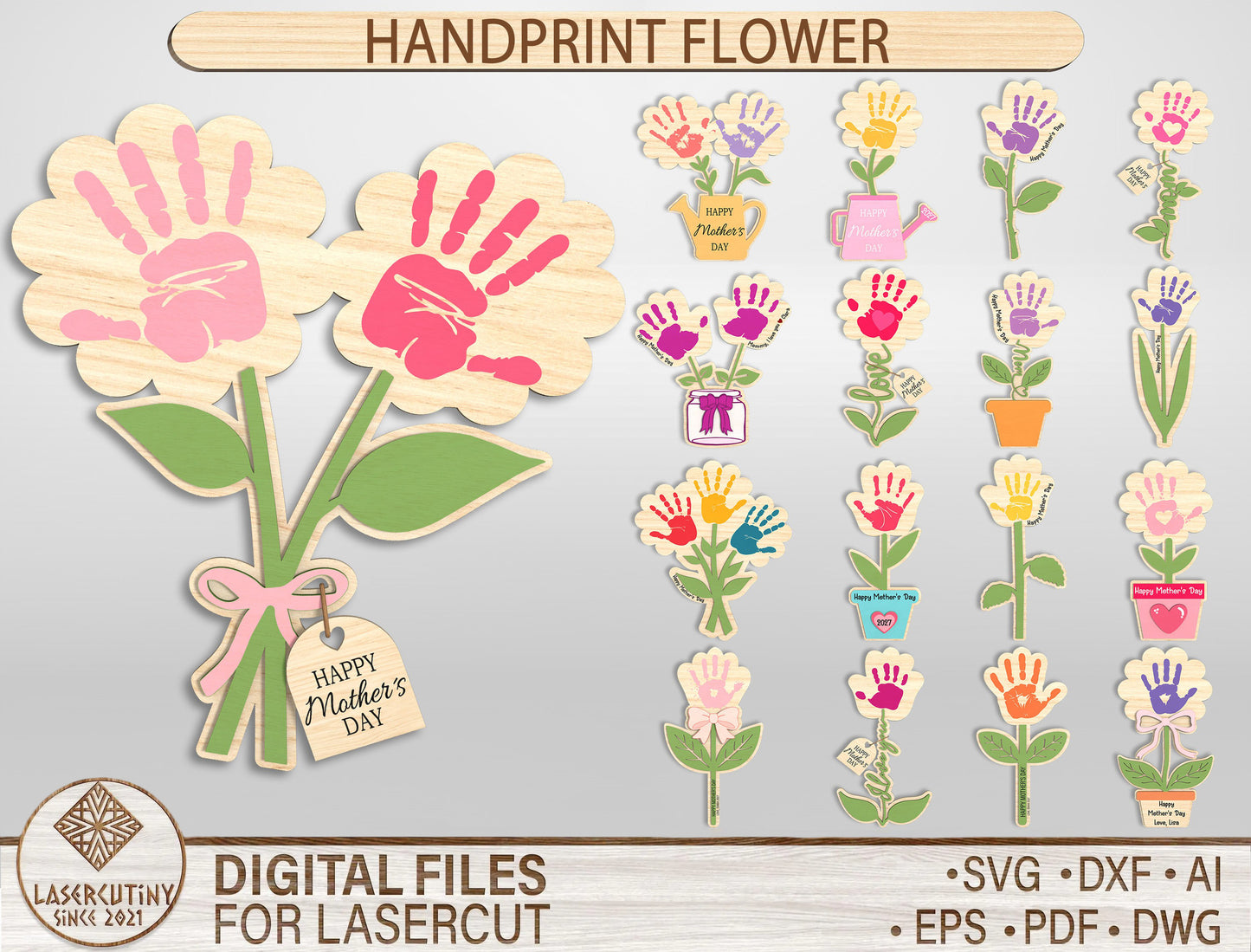Kids Handprint Flower Decor SVG Bundle Mother's Day for LightBurn