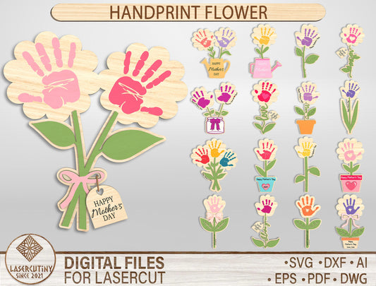Kids Handprint Flower Decor SVG Bundle Mother's Day for LightBurn