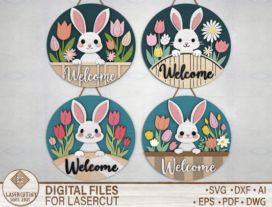 Bunny Welcome Door Sign – Easter Decor – Laser Cut File – 4 Designs – Glowforge, xTool, LightBurn