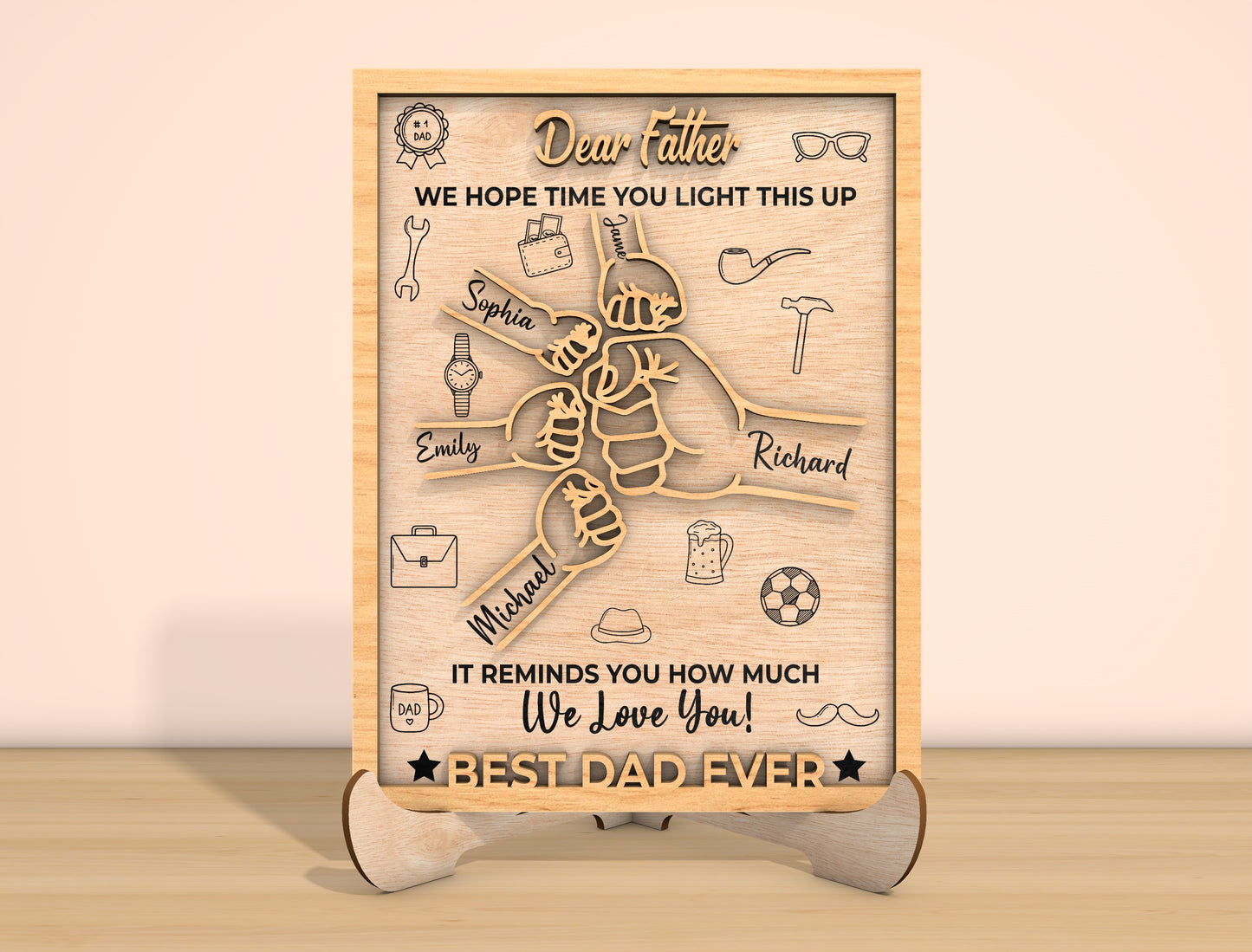 Dear Dad Fist Bump Laser Cut File | Father’s Day Family Hands Sign | Heartfelt Wooden Decor | Glowforge, xTool, LightBurn, etc.