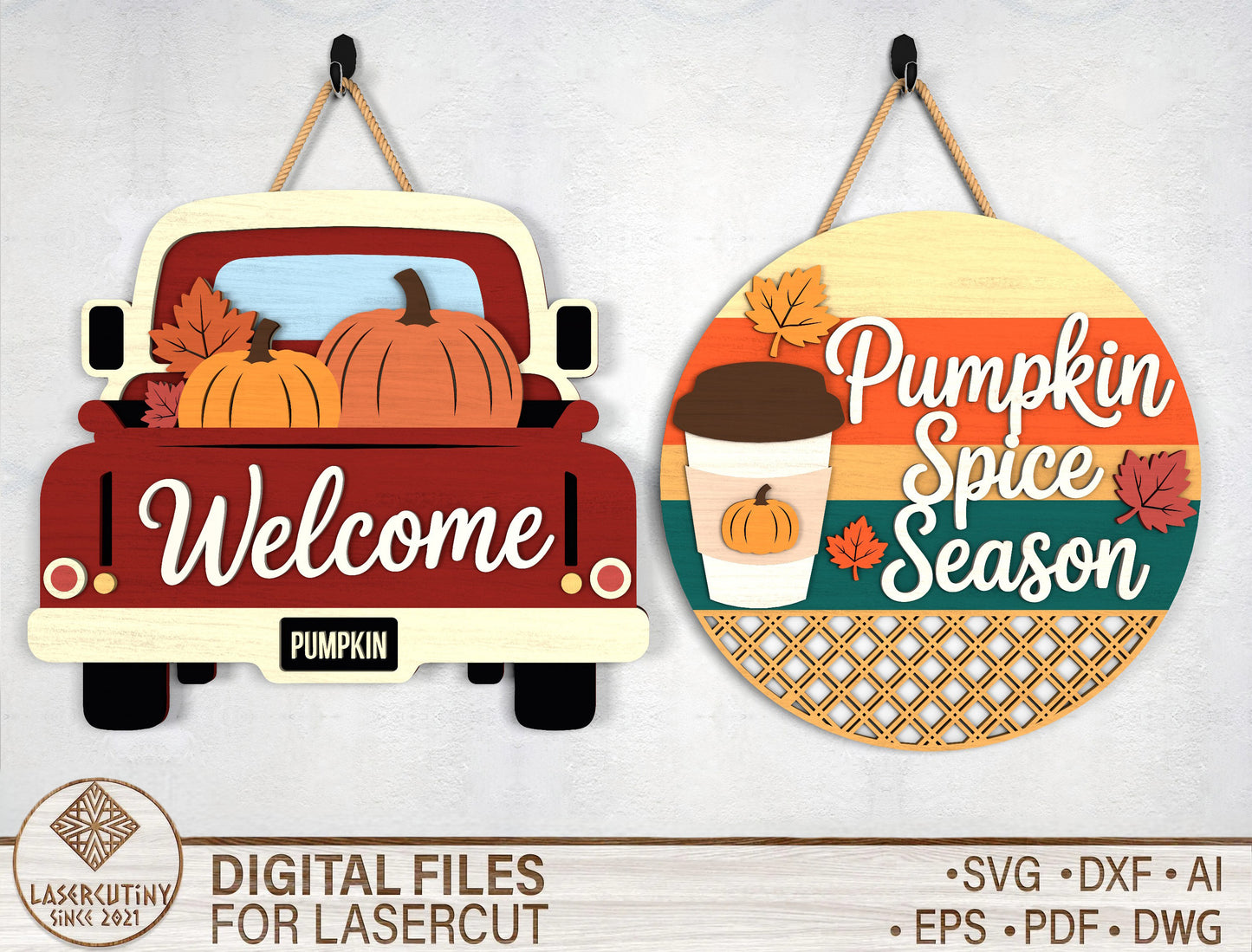Welcome Pumpkin Truck and Pumpkin Spice Season Door Hanger SVG Set for Glowforge xTool LightBurn 2 Designs