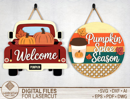 Welcome Pumpkin Truck and Pumpkin Spice Season Door Hanger SVG Set for Glowforge xTool LightBurn 2 Designs