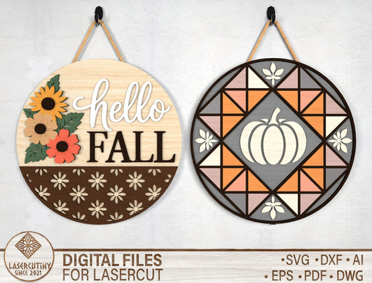 Hello Fall Sunflower and Pumpkin Quilt Door Hanger SVG Set for Glowforge xTool LightBurn 2 Designs