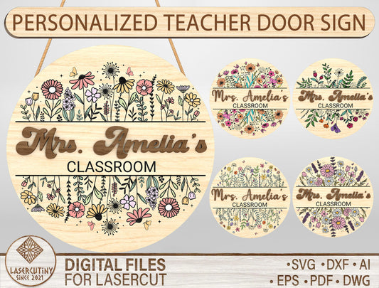 Personalized Floral Classroom Door Sign Laser Cut File SVG for xTool and Glowforge