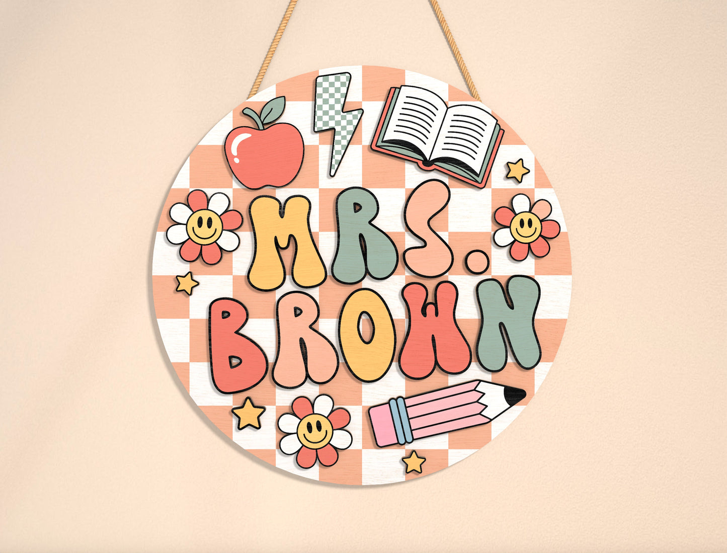 Personalized Retro Gingham Classroom Door Sign SVG Laser Cut File for Glowforge