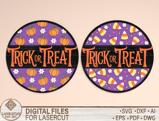 Trick or Treat Round Sign SVG Laser Cut File | 2 Halloween Door Designs | Cute Spooky Decor | Glowforge, xTool, LightBurn, etc.