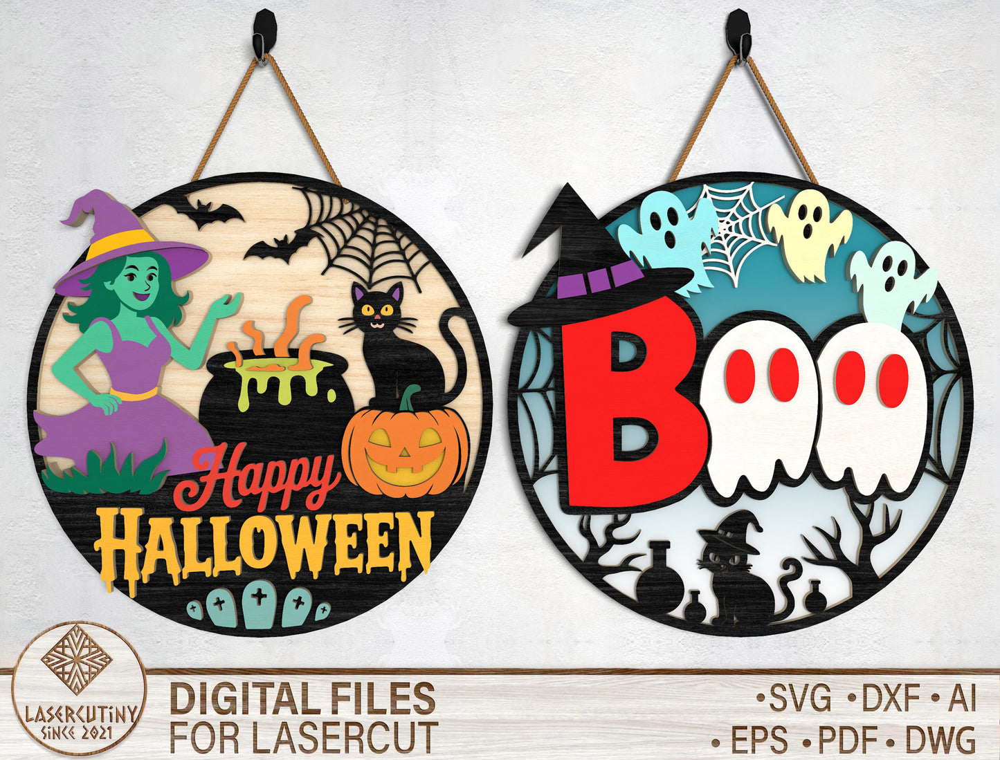 Halloween Door Sign SVG Witch Ghost Laser Cut File for Glowforge