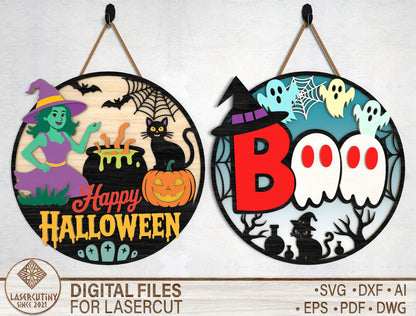 Halloween Door Sign SVG Witch Ghost Laser Cut File for Glowforge