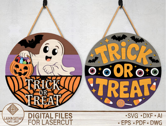 2 Trick or Treat Halloween Door Sign SVG Laser Cut Bundle for LightBurn