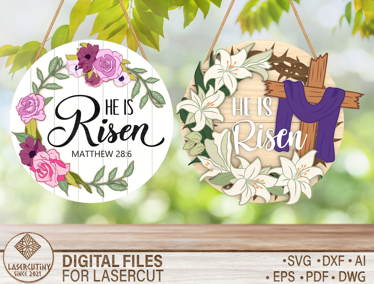 He Is Risen Cross Floral Easter Door Sign SVG Bundle for Glowforge and xTool