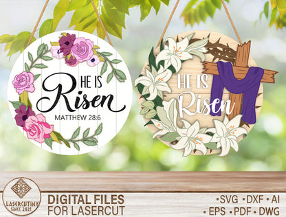 He Is Risen Cross Floral Easter Door Sign SVG Bundle for Glowforge and xTool