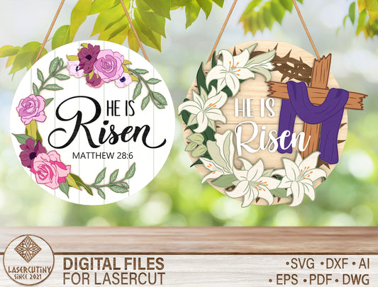 He Is Risen Cross Floral Easter Door Sign SVG Bundle for Glowforge and xTool