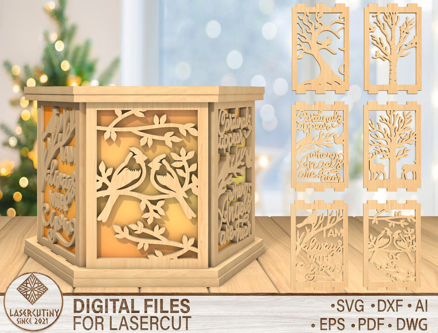 Cardinal Lantern SVG Wooden LED Candle Holder Laser Cut File for Glowforge and xTool