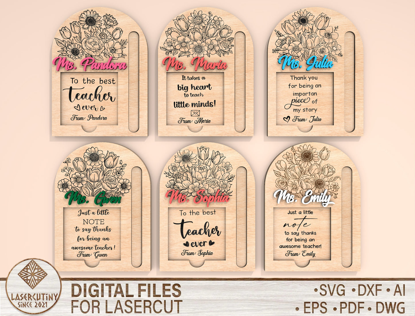 Personalized Teacher Sticky Note Holder SVG Bundle Laser Cut File for Glowforge and LightBurn