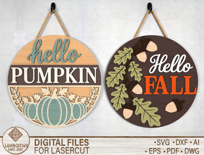 Hello Pumpkin and Hello Fall Acorn Door Hanger SVG Set for Glowforge xTool LightBurn 2 Designs