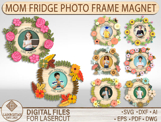 Floral Mom Photo Frame Wreath Magnet SVG Bundle for LightBurn and xTool
