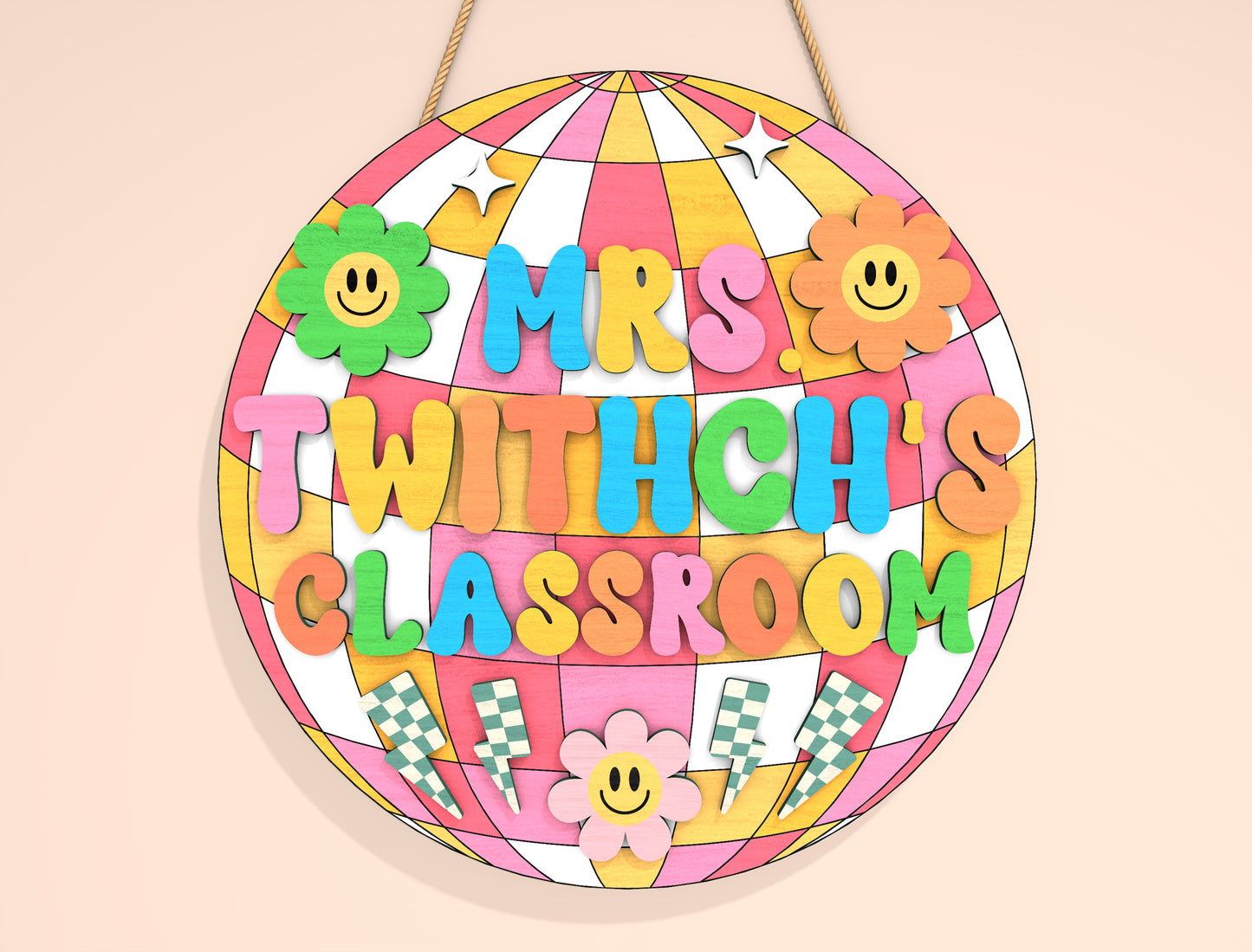 Personalized Disco Ball Classroom Door Sign SVG Laser Cut File for Glowforge and xTool