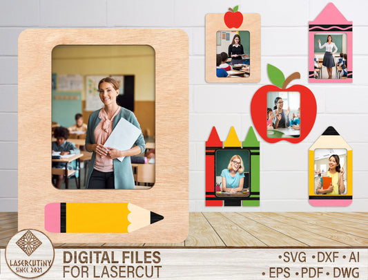 Teacher Photo Frame SVG Bundle School Theme Laser Cut File for xTool and Glowforge