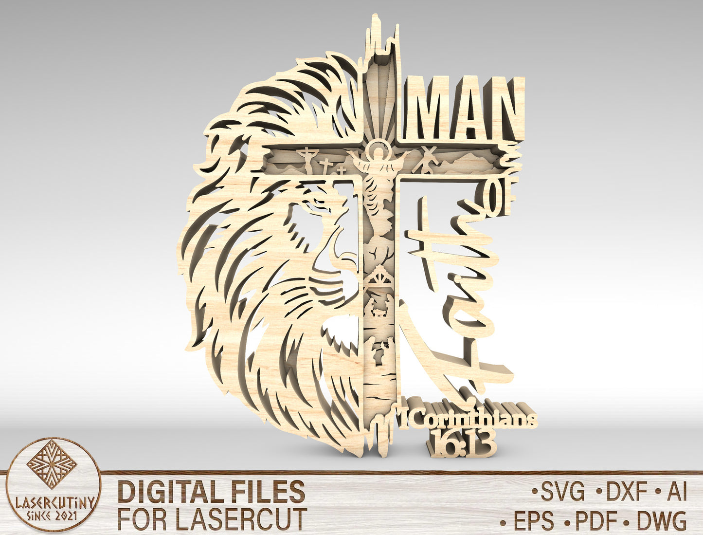 "Man of God" Christian Lion Cross Multilayer SVG for Glowforge and xTool