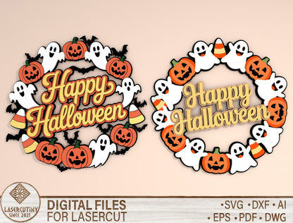 Happy Halloween Ghost Wreath SVG Laser Cut File for xTool and Glowforge