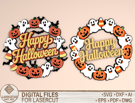 Happy Halloween Wreath Door Hanger SVG Bundle Laser Cut File | 2 Cute Pumpkin & Ghost Designs | Front Door Decor | Glowforge, xTool, LightBurn, etc.