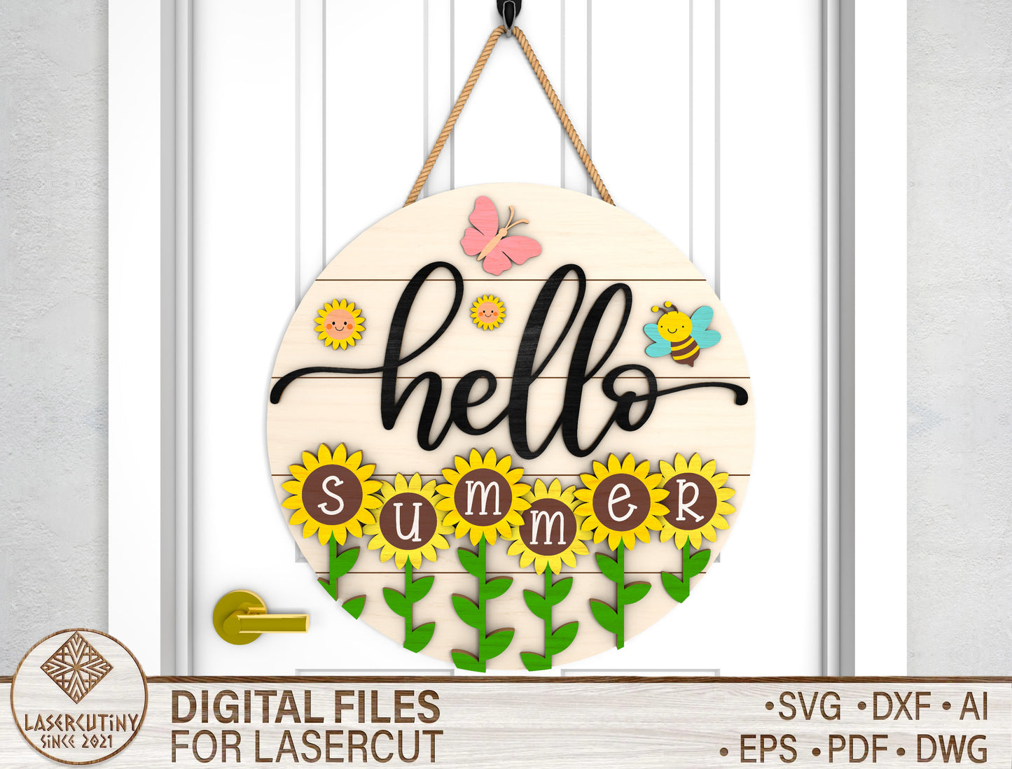 Hello Summer Bee Door Hanger SVG Laser Cut File for Glowforge and xTool