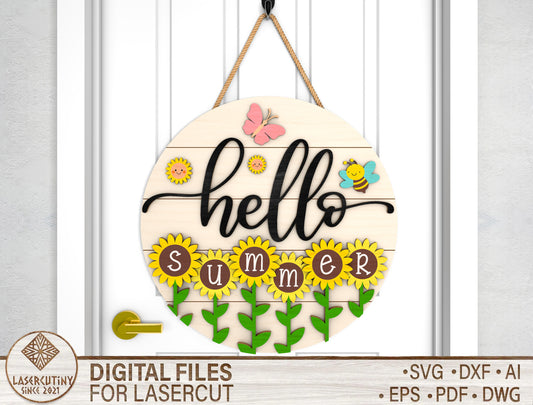 Hello Summer Bee Door Hanger SVG Laser Cut File for Glowforge and xTool