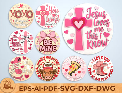 Valentine Round Sign Laser Cut File Bundle | Love & Christian Quotes SVG Set | Wooden Tiered Tray Decor Design | Glowforge, xTool, LightBurn, etc.