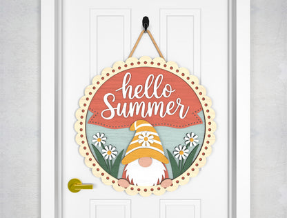 Hello Summer Gnome Daisy Flowers Door Sign SVG for Glowforge