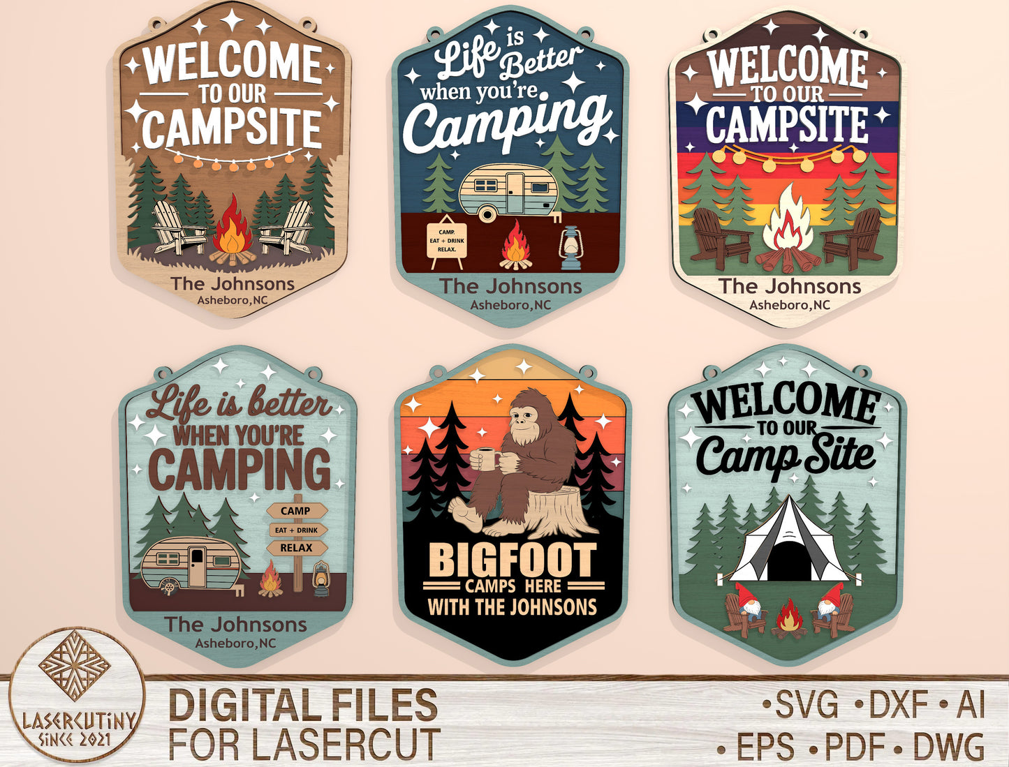 Camping Door Sign Bundle SVG Laser Cut File for xTool and Glowforge