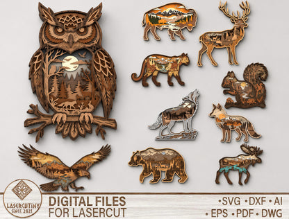 Multilayer Wildlife Animal SVG Bundle for Glowforge xTool LightBurn 10 Designs