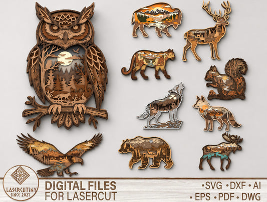 Multilayer Wildlife Animal SVG Bundle for Glowforge xTool LightBurn 10 Designs