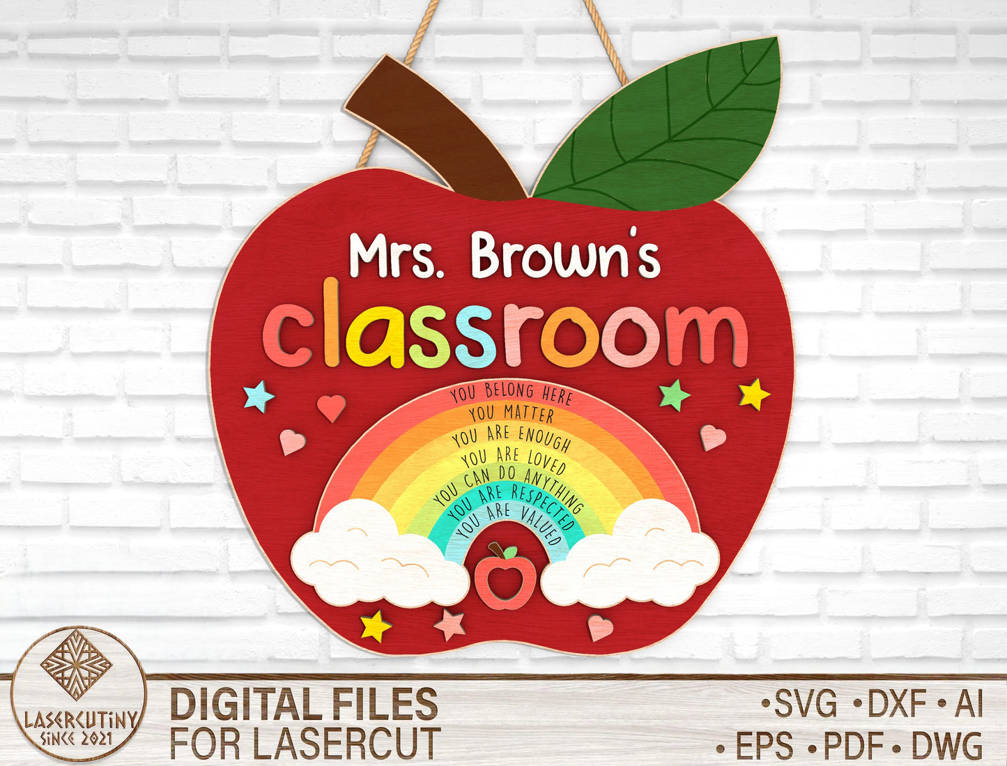 Personalized Apple Rainbow Classroom Door Sign SVG Laser Cut File for Glowforge and xTool
