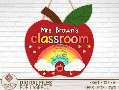 Personalized Apple Rainbow Classroom Door Sign SVG Laser Cut File for Glowforge and xTool