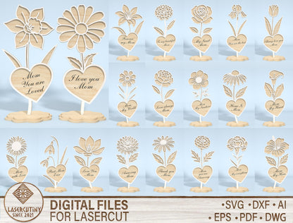 Minimalist Flower Heart Stand SVG Bundle for LightBurn and xTool