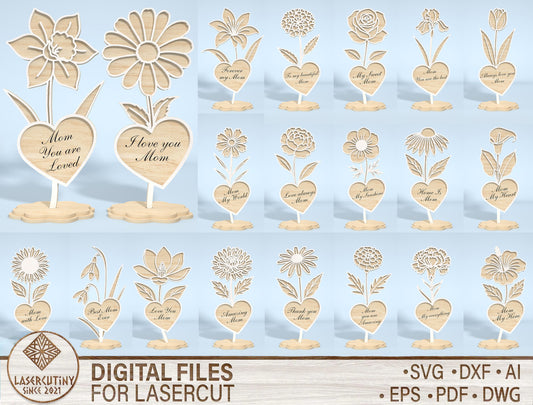 Minimalist Flower Heart Stand SVG Bundle for LightBurn and xTool