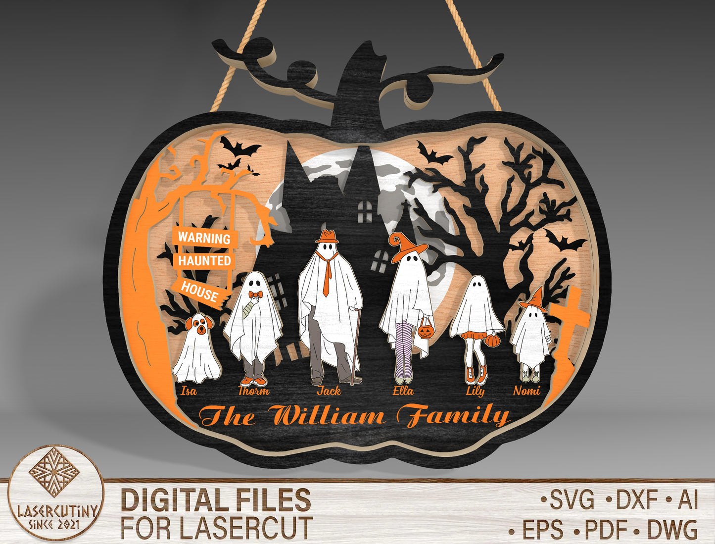 Personalized Halloween Ghost Family Pumpkin Sign SVG for Glowforge xTool