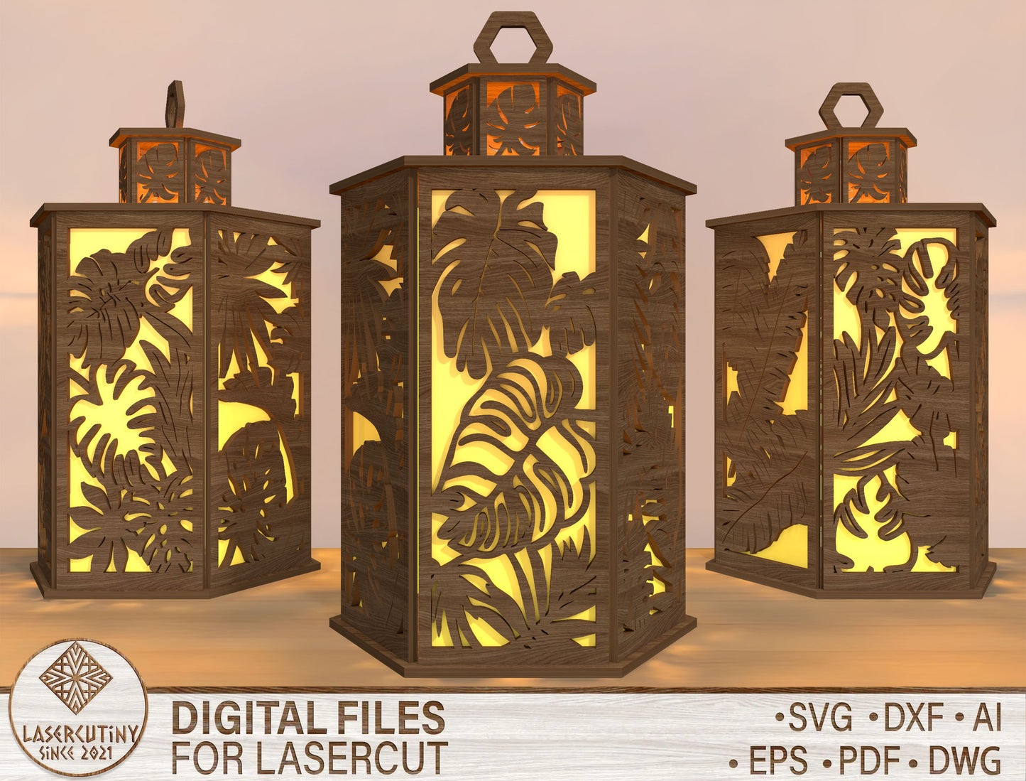 Tropical Leaf Lantern SVG Laser Cut File for LightBurn and Glowforge