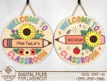Personalized Sunflower Teacher Door Sign SVG Laser Cut File for Glowforge and xTool