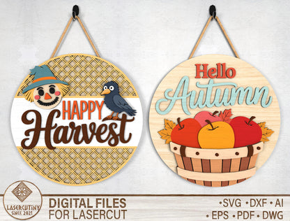 Happy Harvest Scarecrow and Hello Autumn Door Hanger SVG Set for Glowforge xTool LightBurn 2 Designs